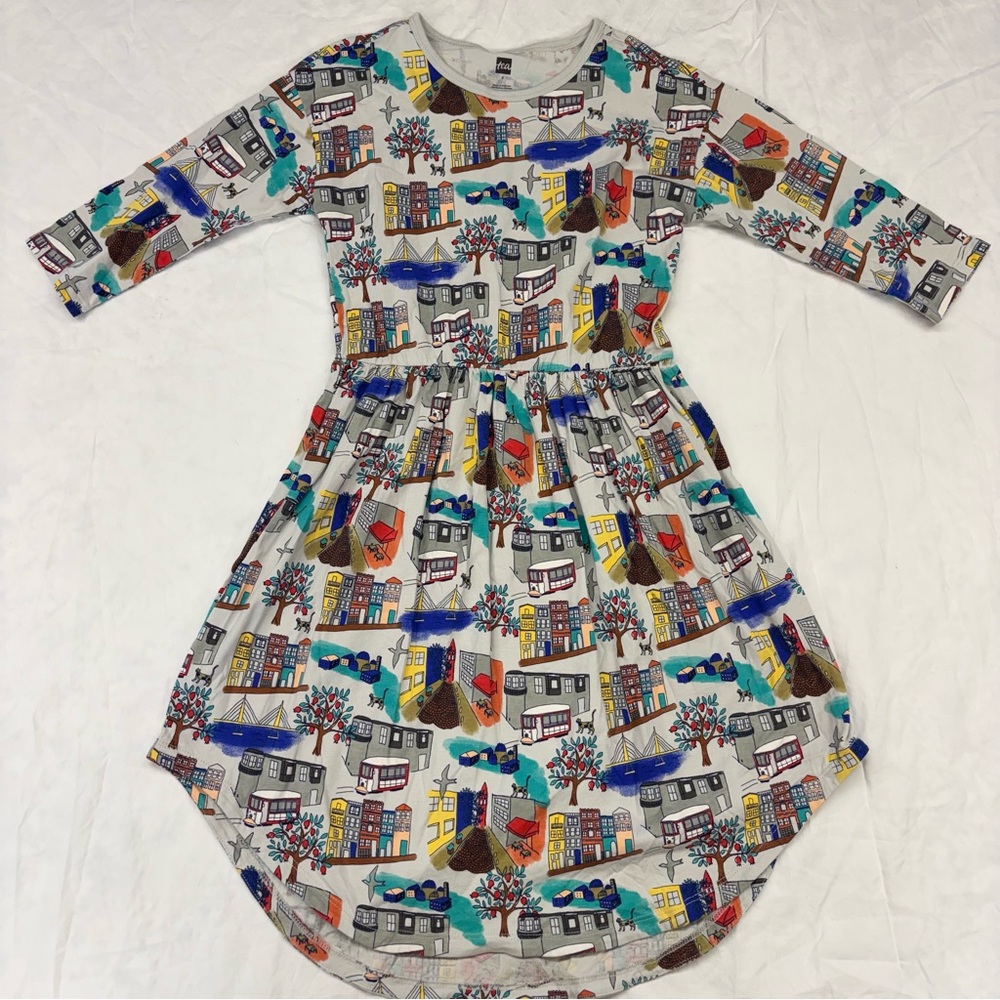 Tea Collection Istanbul Long‎ Sleeve Midi Dress Cityscape Cat Size 7 EUC